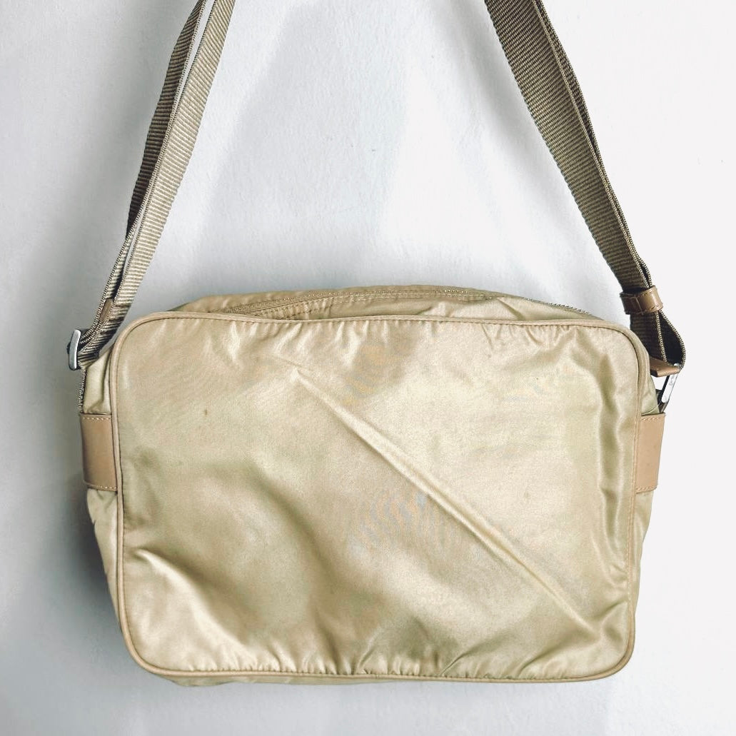 Prada Taupe Tessuto Monogram Logo Nylon & Leather Camera Shoulder Sling Bag