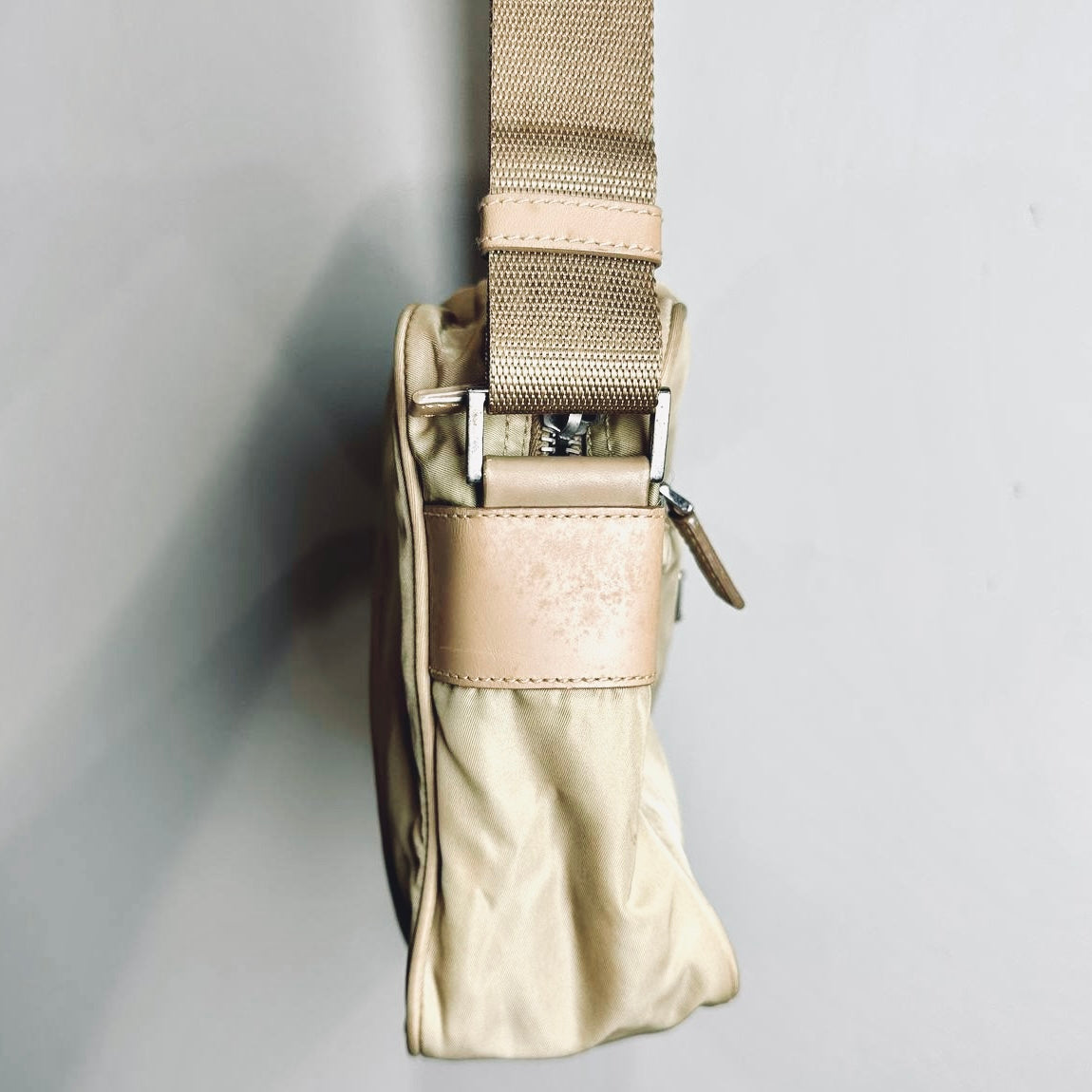 Prada Taupe Tessuto Monogram Logo Nylon & Leather Camera Shoulder Sling Bag