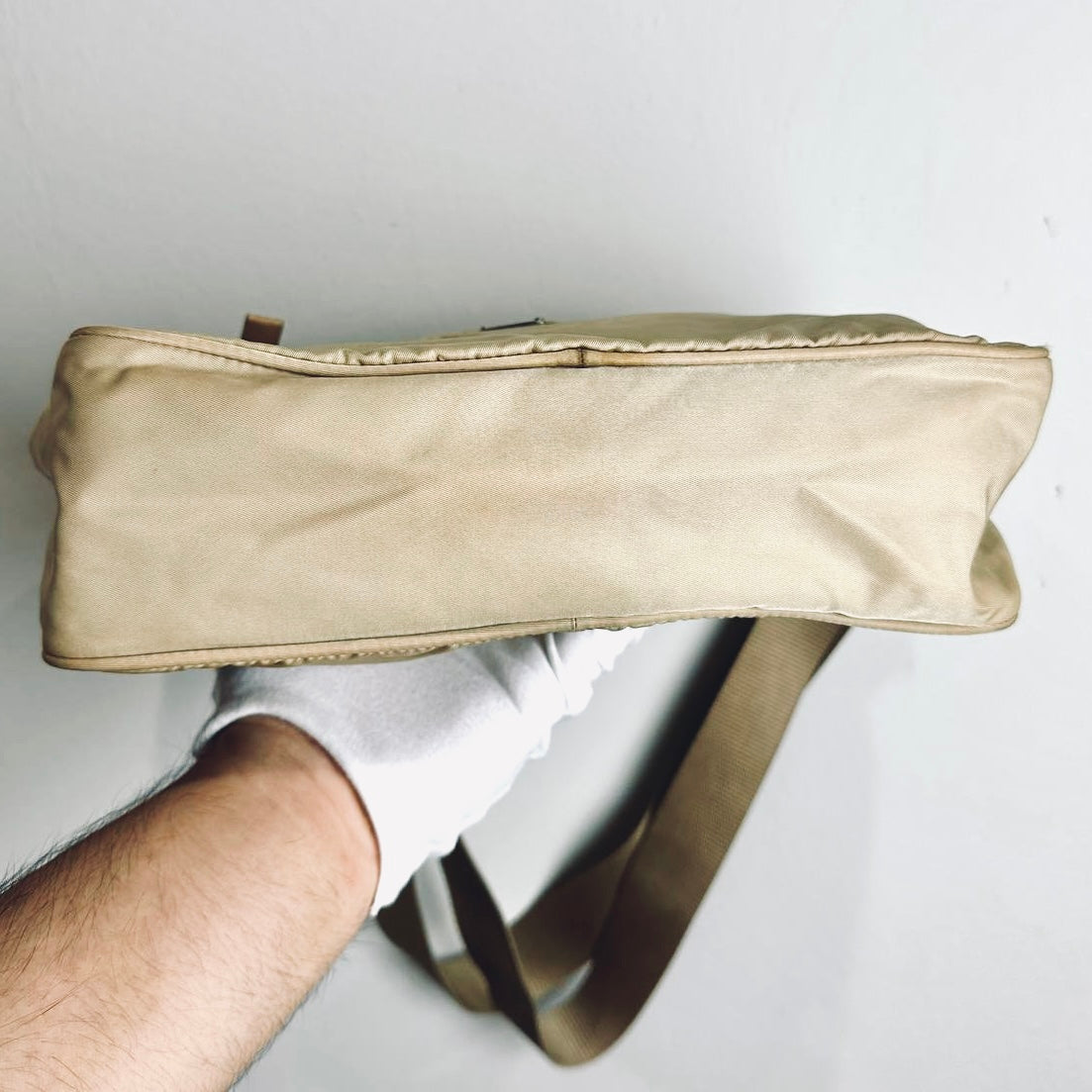 Prada Taupe Tessuto Monogram Logo Nylon & Leather Camera Shoulder Sling Bag