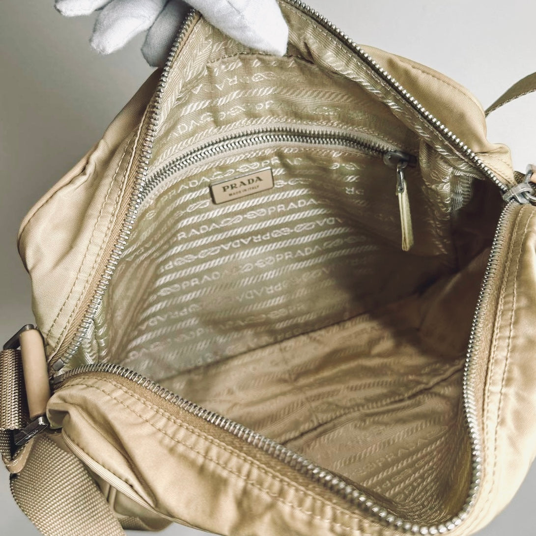 Prada Taupe Tessuto Monogram Logo Nylon & Leather Camera Shoulder Sling Bag