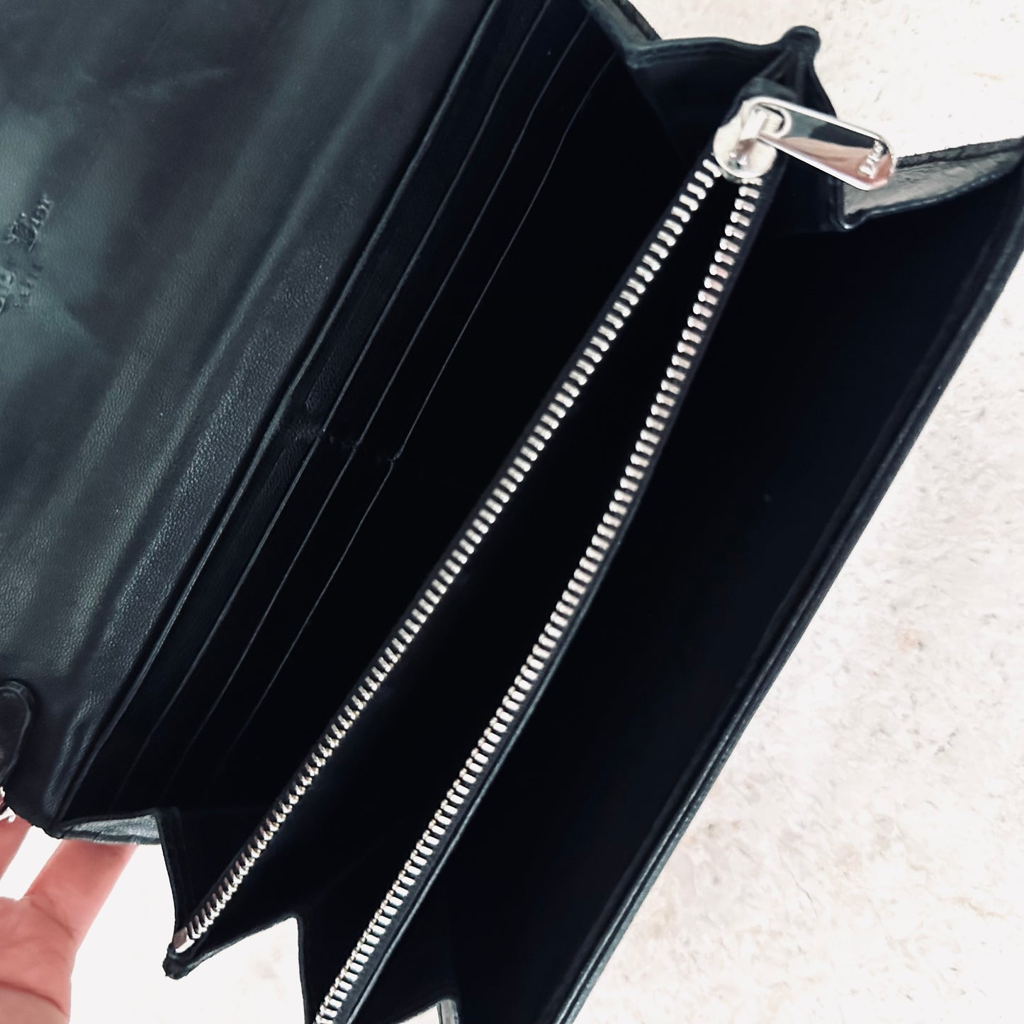 Christian Dior Black Lady Dior Lambskin Flap CD Monogram Logo Quilted Cannage Long Flap Wallet