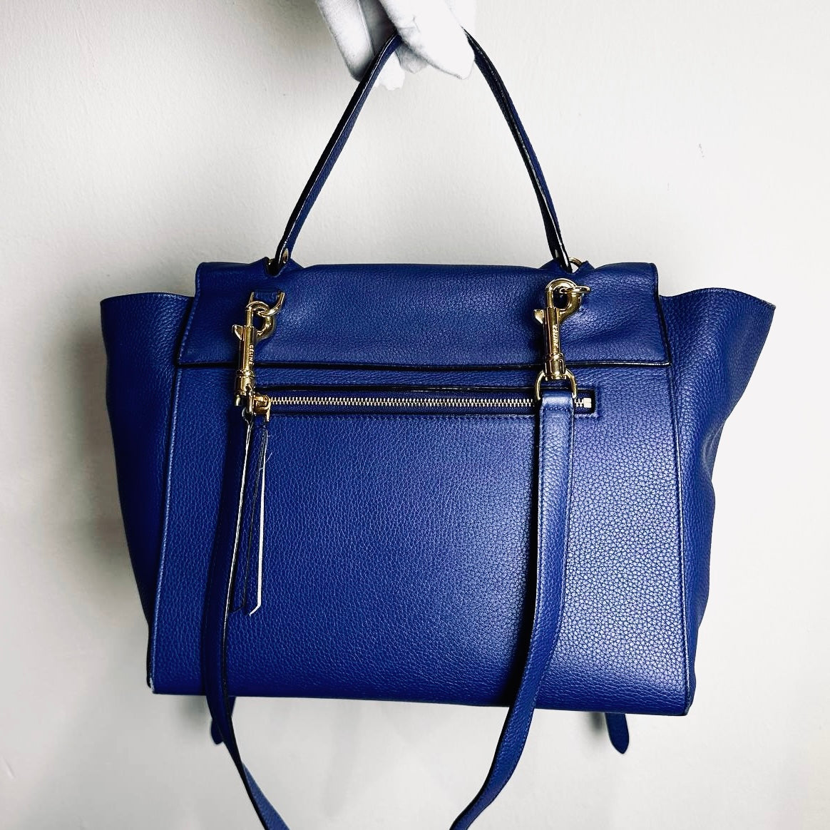 Celine Indigo Blue Mini Belt Bag 2-Way Monogram Grained Calfskin Leather Top Handle Shoulder Sling Bag