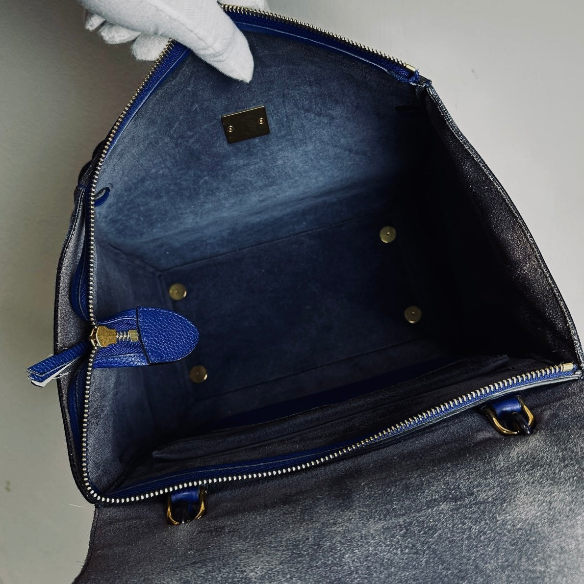 Celine Indigo Blue Mini Belt Bag 2-Way Monogram Grained Calfskin Leather Top Handle Shoulder Sling Bag