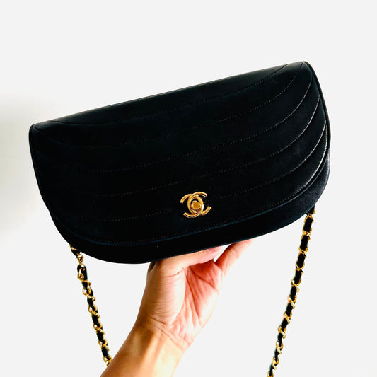 Chanel Black GHW Half Moon Quilted Lambskin Single Full Flap CC Logo Vintage Turnlock Shoulder Sling Bag