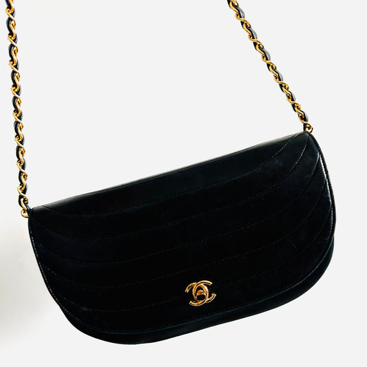 Chanel Black GHW Half Moon Quilted Lambskin Single Full Flap CC Logo Vintage Turnlock Shoulder Sling Bag