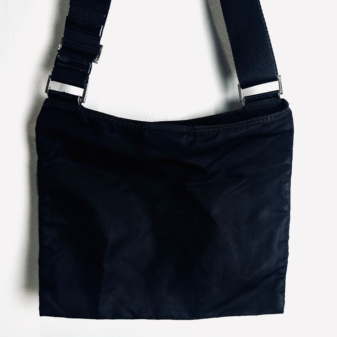 Prada Black Monogram Logo Tessuto Nylon & Leather Zip Flat Shoulder Sling Bag