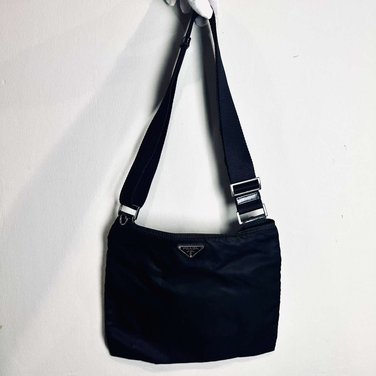 Prada Black Monogram Logo Tessuto Nylon & Leather Zip Flat Shoulder Sling Bag