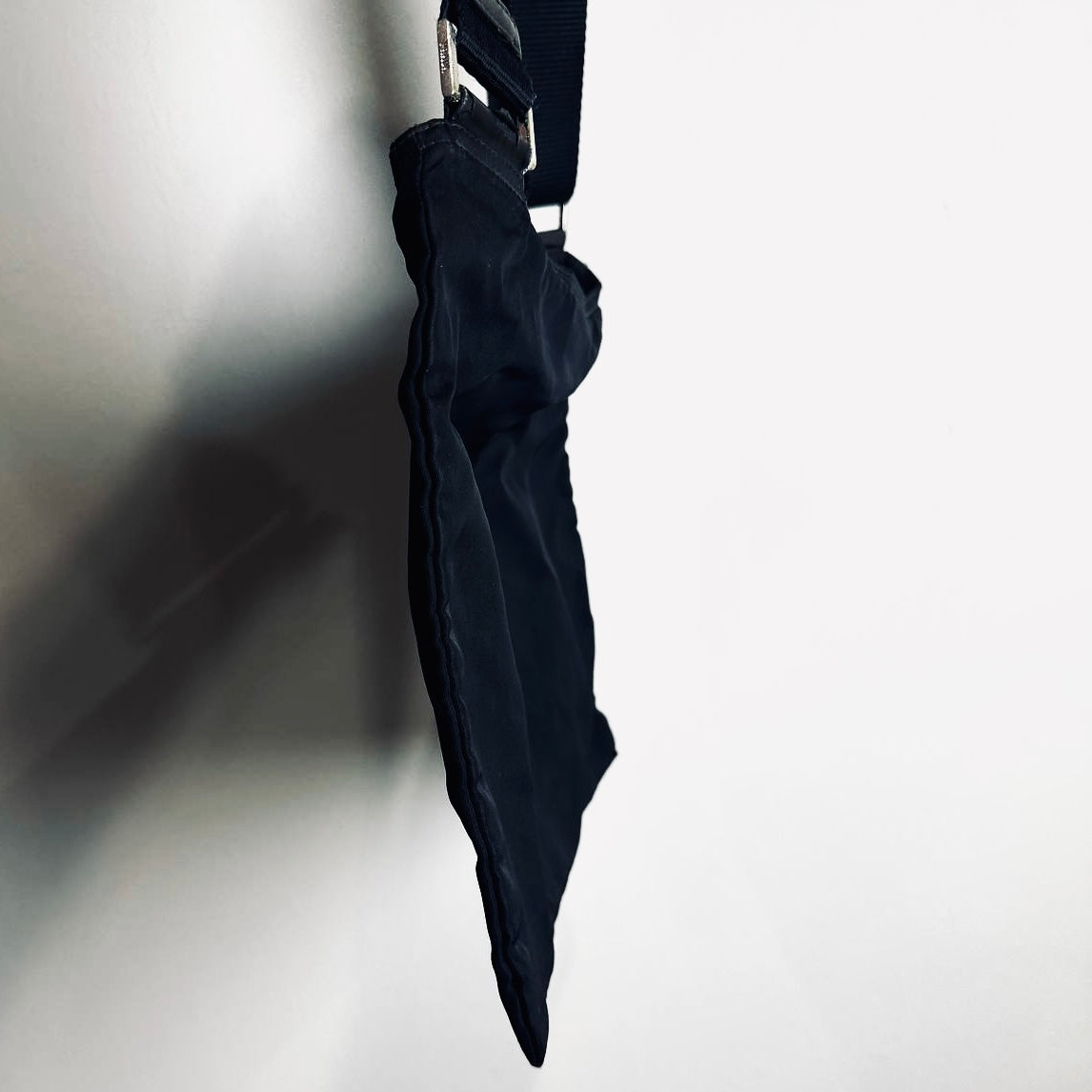 Prada Black Monogram Logo Tessuto Nylon & Leather Zip Flat Shoulder Sling Bag