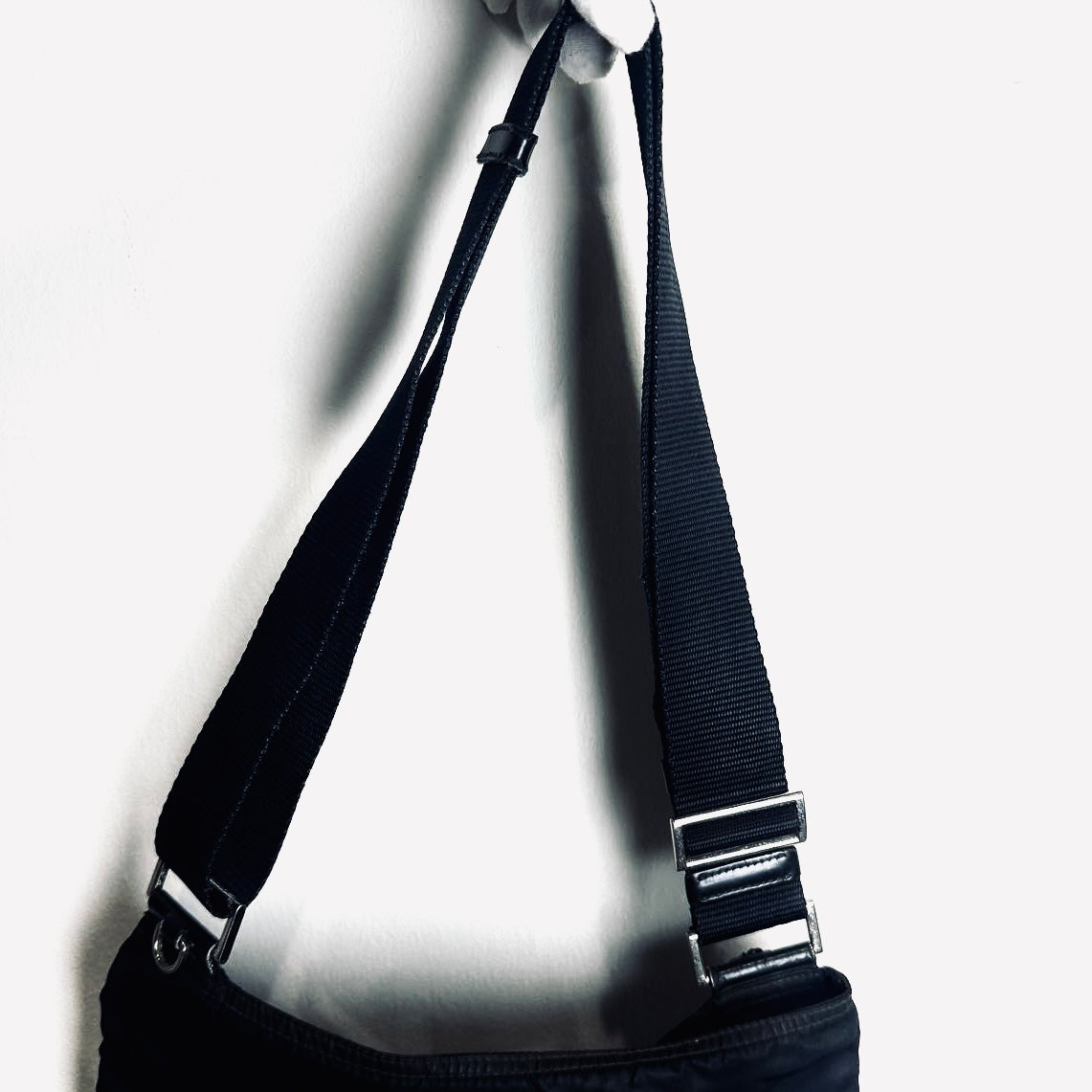 Prada Black Monogram Logo Tessuto Nylon & Leather Zip Flat Shoulder Sling Bag