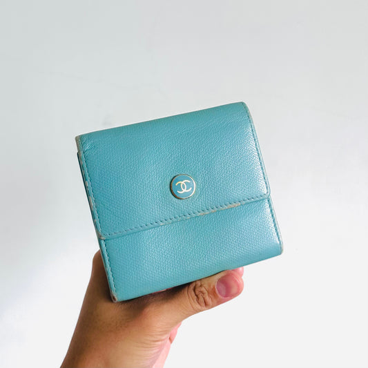 Chanel Tiffany Blue GHW CC Logo Grained Calfskin Vintage Compact Trifold Flap Wallet 8s