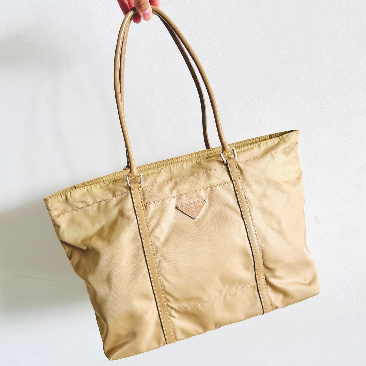 Prada Taupe Beige Tessuto Classic Logo Nylon & Leather Zip Shopper Shoulder Tote Bag