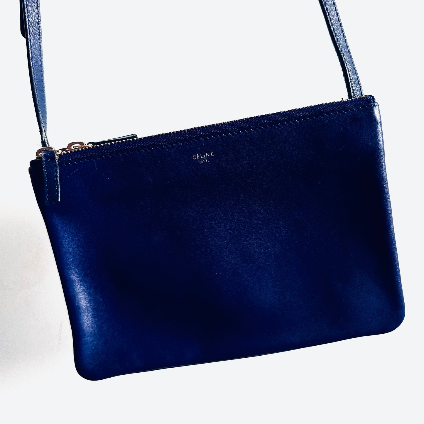 Celine Royal Blue GHW Small Trio Monogram Logo Shoulder Sling Bag Pouch Clutch