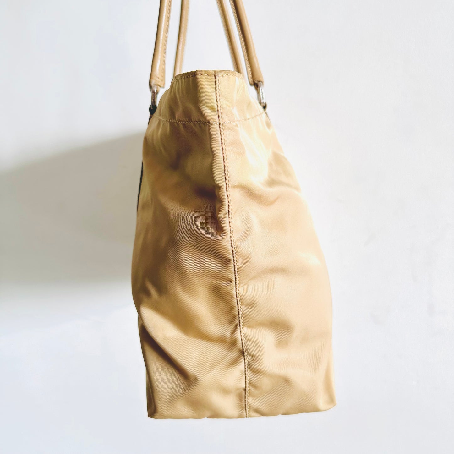 Prada Taupe Beige Tessuto Classic Logo Nylon & Leather Zip Shopper Shoulder Tote Bag
