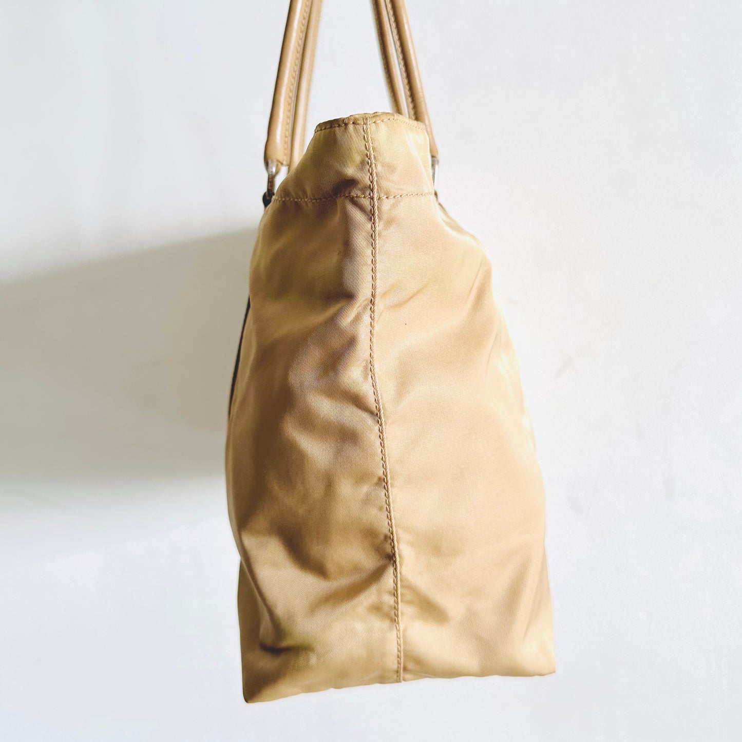 Prada Taupe Beige Tessuto Classic Logo Nylon & Leather Zip Shopper Shoulder Tote Bag