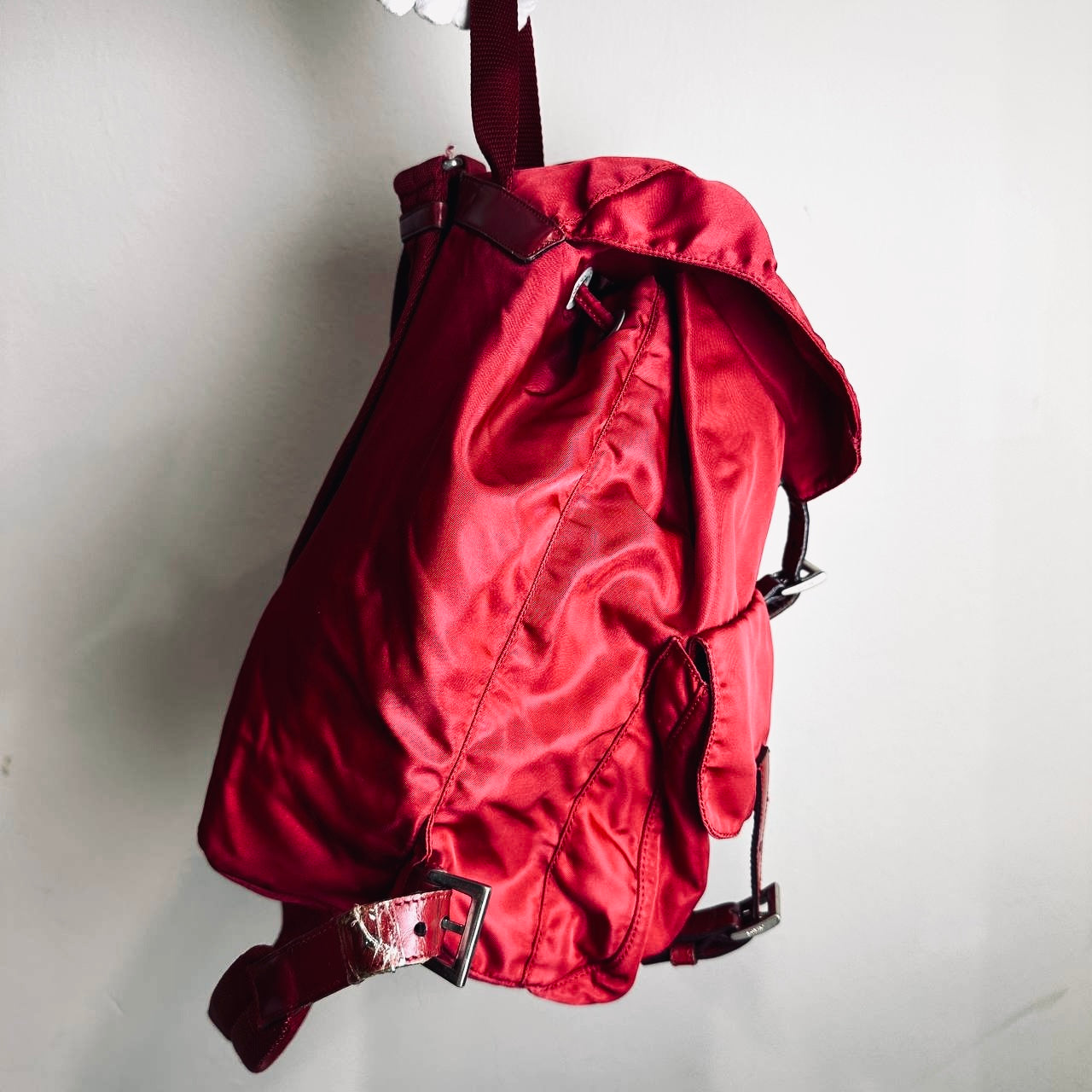Prada Deep Red Tessuto Monogram Logo Nylon & Leather Flap Backpack Drawstring Bag
