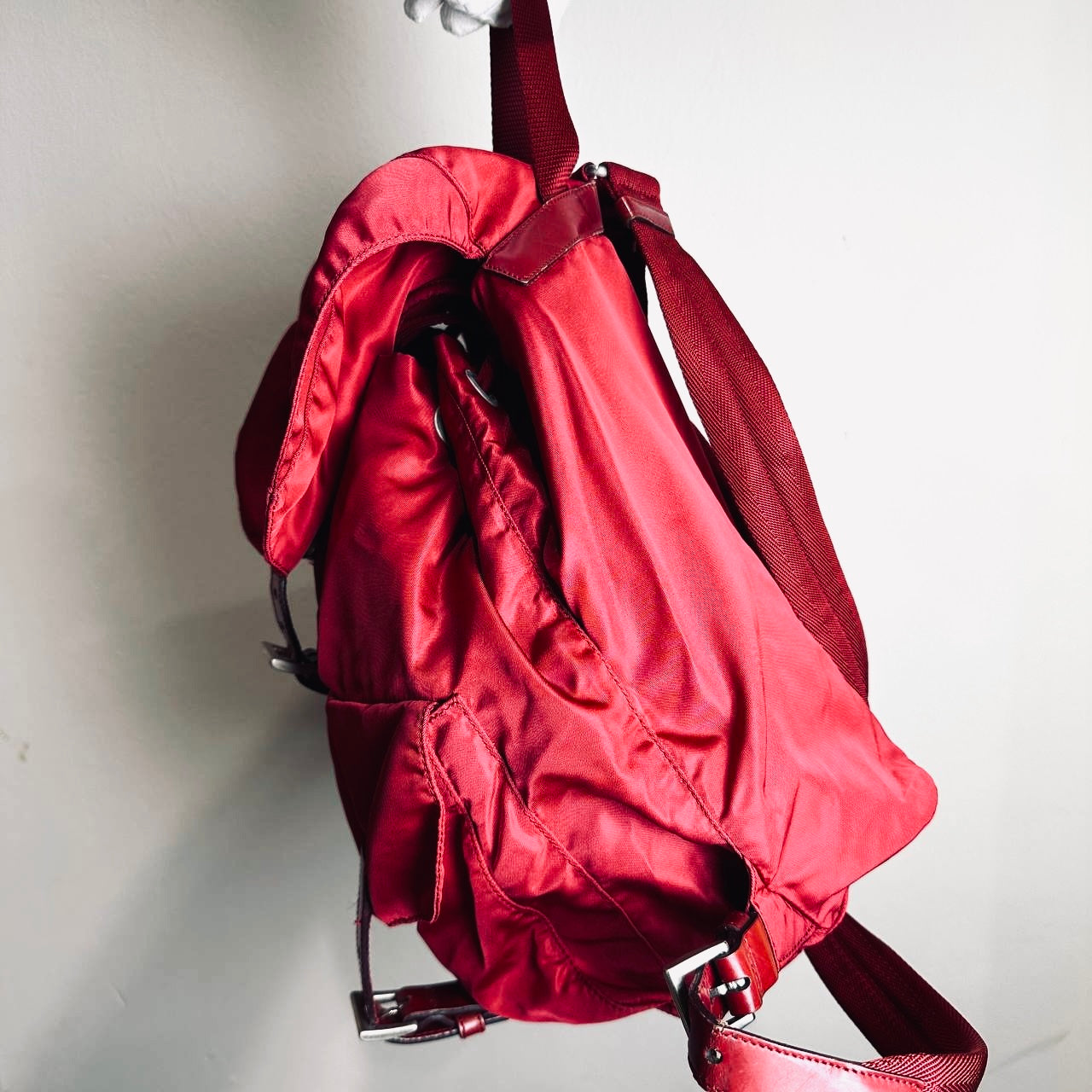 Prada Deep Red Tessuto Monogram Logo Nylon & Leather Flap Backpack Drawstring Bag