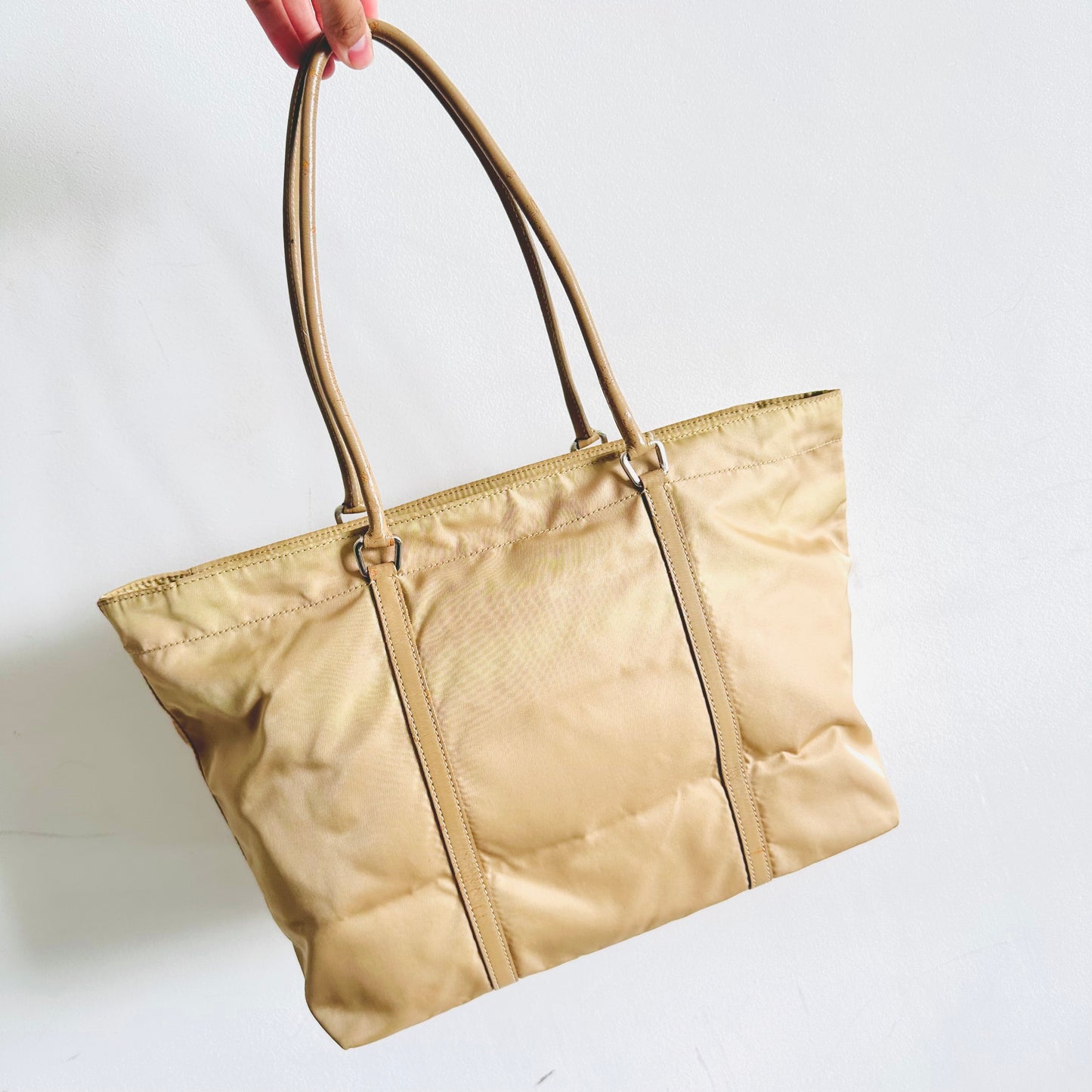 Prada Taupe Beige Tessuto Classic Logo Nylon & Leather Zip Shopper Shoulder Tote Bag