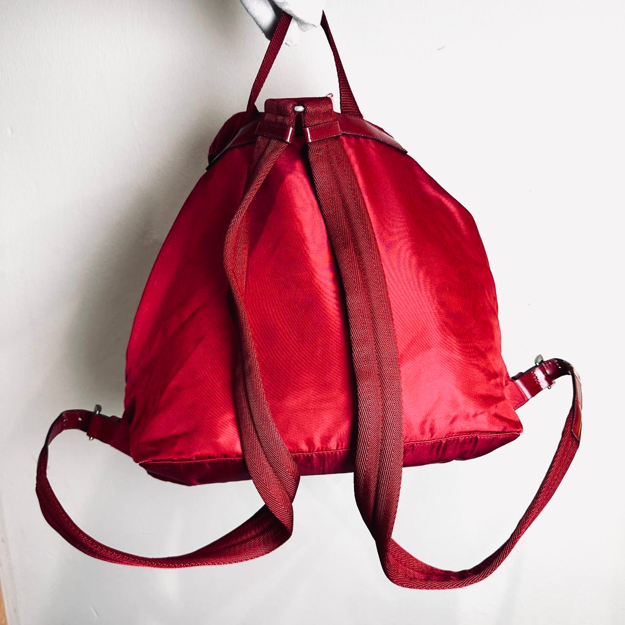 Prada Deep Red Tessuto Monogram Logo Nylon & Leather Flap Backpack Drawstring Bag