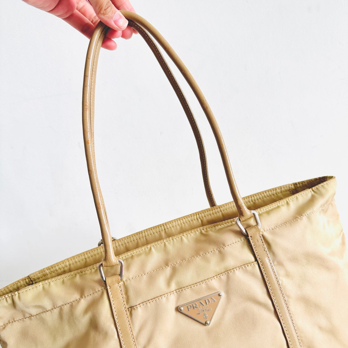 Prada Taupe Beige Tessuto Classic Logo Nylon & Leather Zip Shopper Shoulder Tote Bag