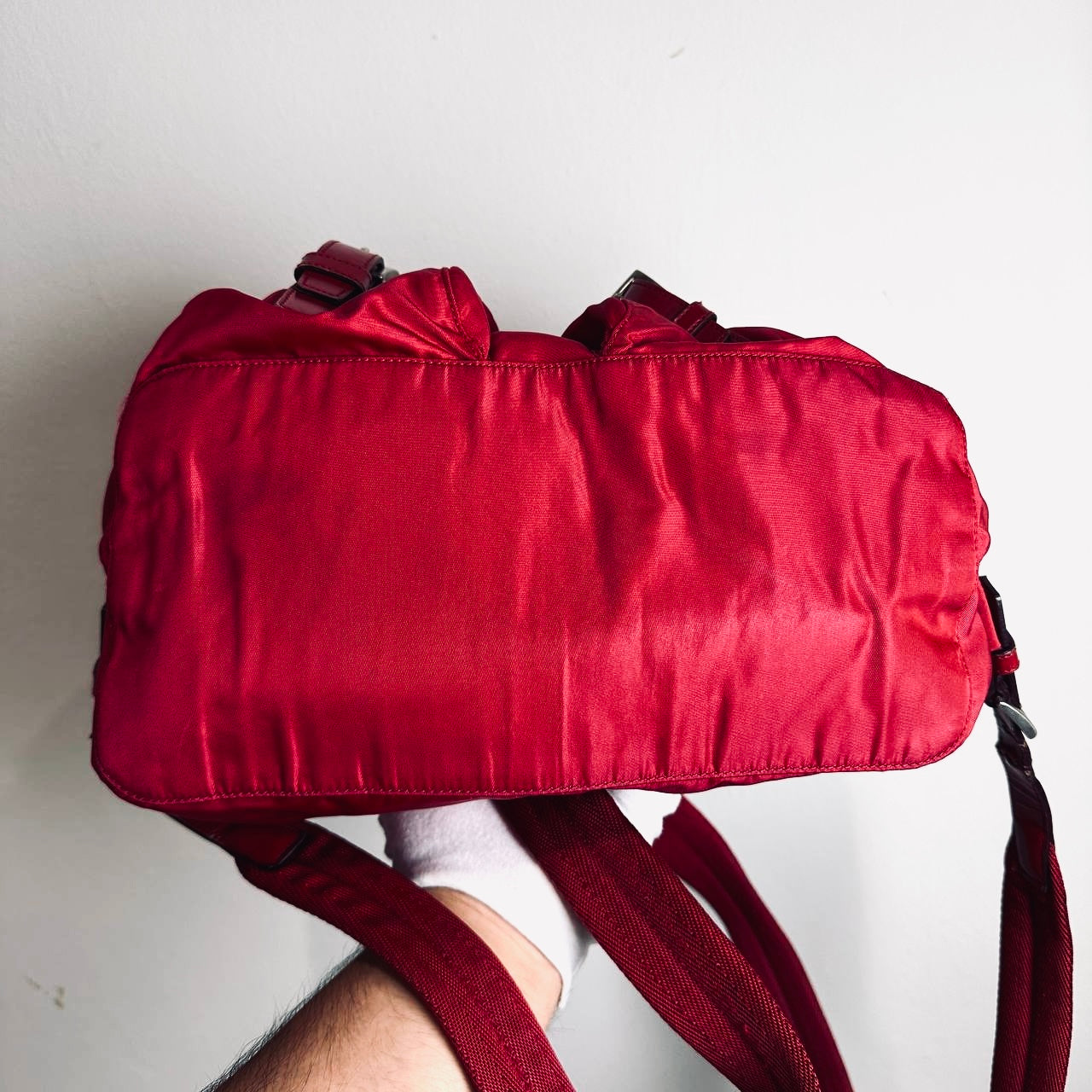 Prada Deep Red Tessuto Monogram Logo Nylon & Leather Flap Backpack Drawstring Bag