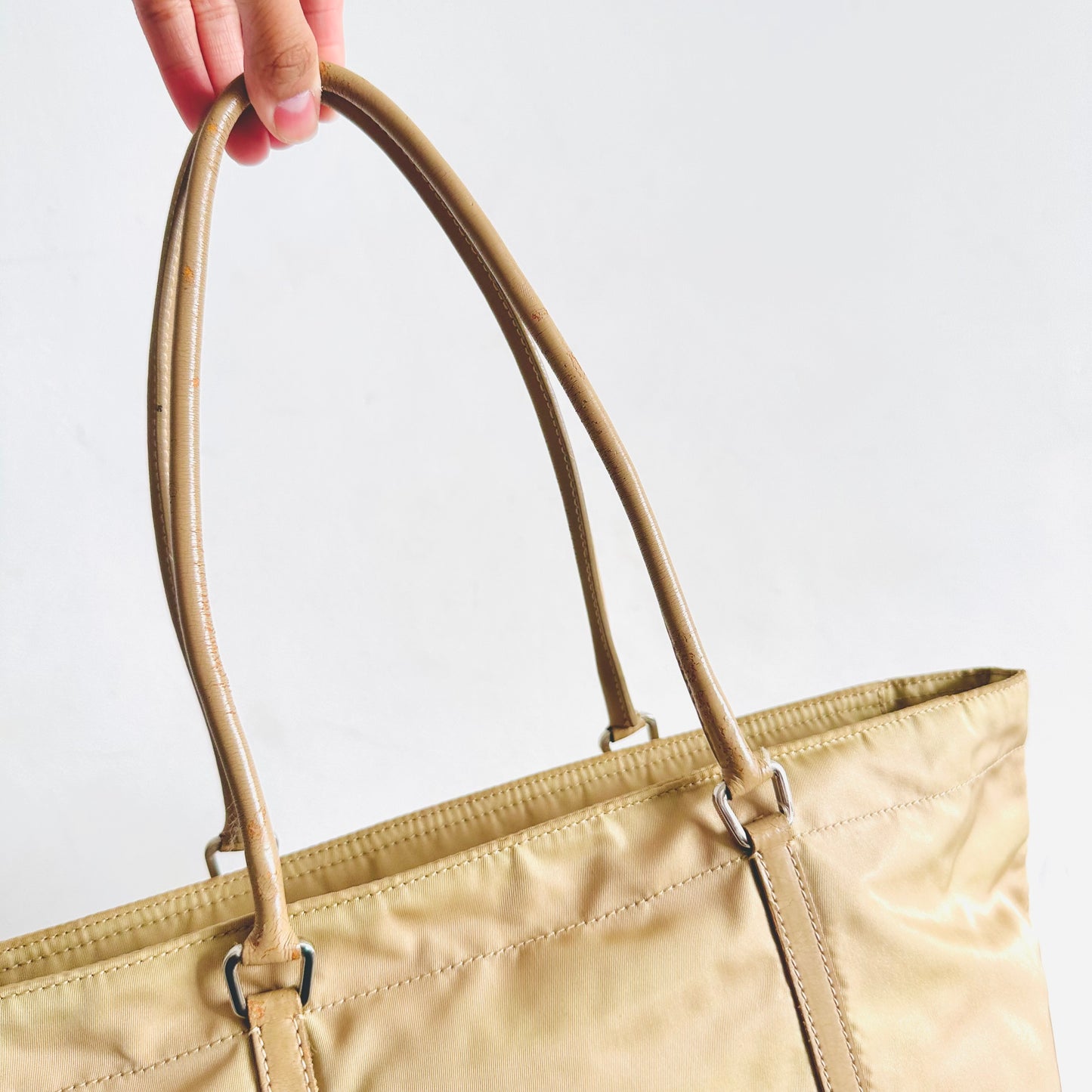 Prada Taupe Beige Tessuto Classic Logo Nylon & Leather Zip Shopper Shoulder Tote Bag