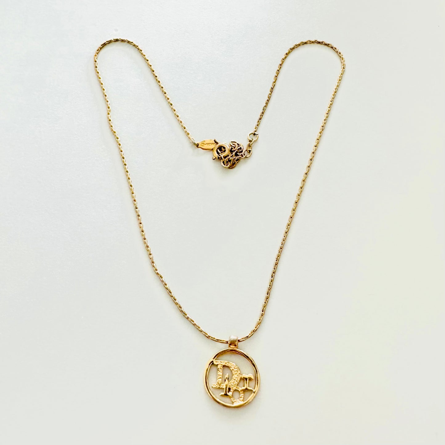 Christian Dior CD Round Monogram Logo Pendant Signature Classic Gold Vintage Necklace