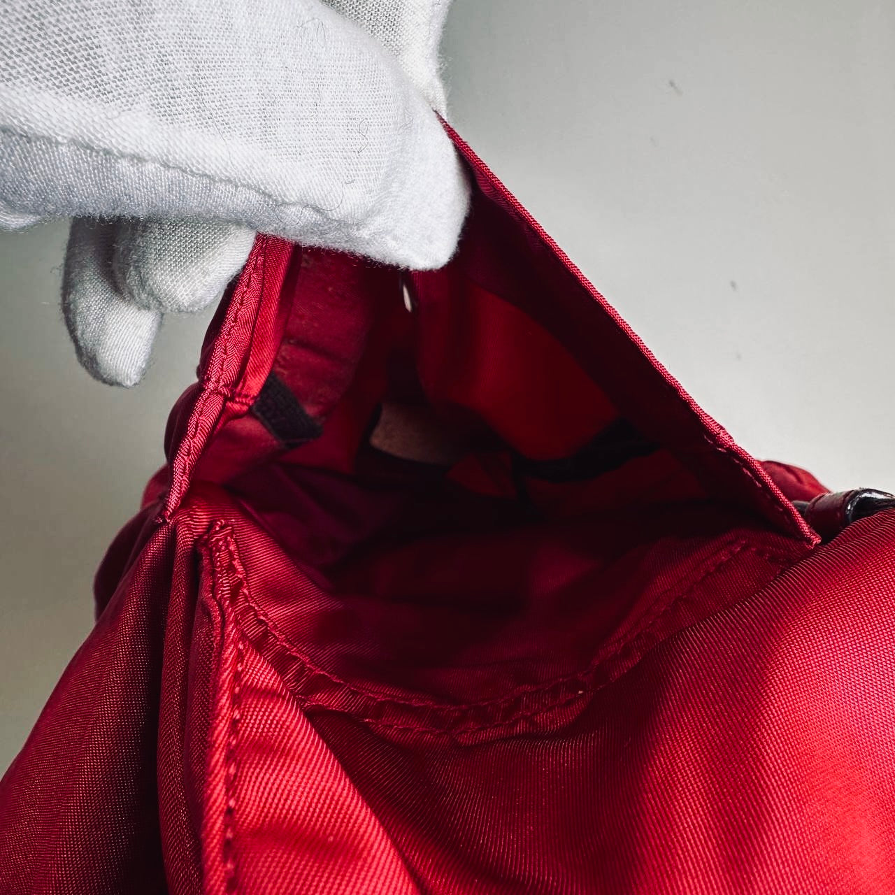 Prada Deep Red Tessuto Monogram Logo Nylon & Leather Flap Backpack Drawstring Bag