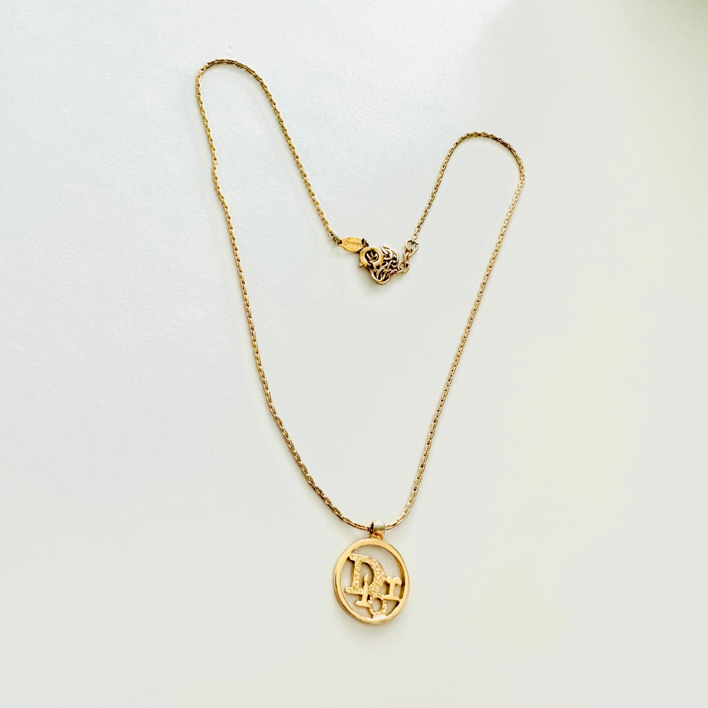 Christian Dior CD Round Monogram Logo Pendant Signature Classic Gold Vintage Necklace