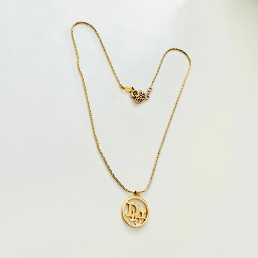 Christian Dior CD Round Monogram Logo Pendant Signature Classic Gold Vintage Necklace