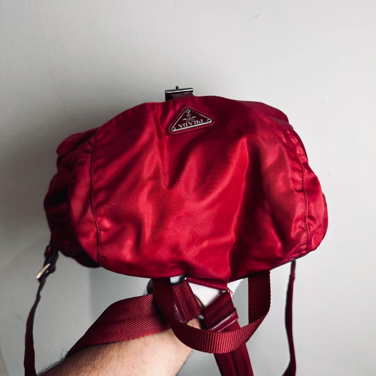 Prada Deep Red Tessuto Monogram Logo Nylon & Leather Flap Backpack Drawstring Bag