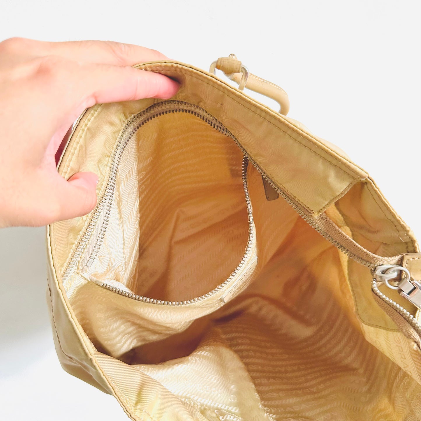 Prada Taupe Beige Tessuto Classic Logo Nylon & Leather Zip Shopper Shoulder Tote Bag