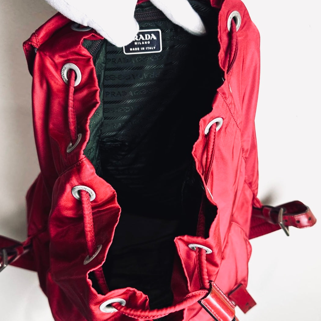 Prada Deep Red Tessuto Monogram Logo Nylon & Leather Flap Backpack Drawstring Bag