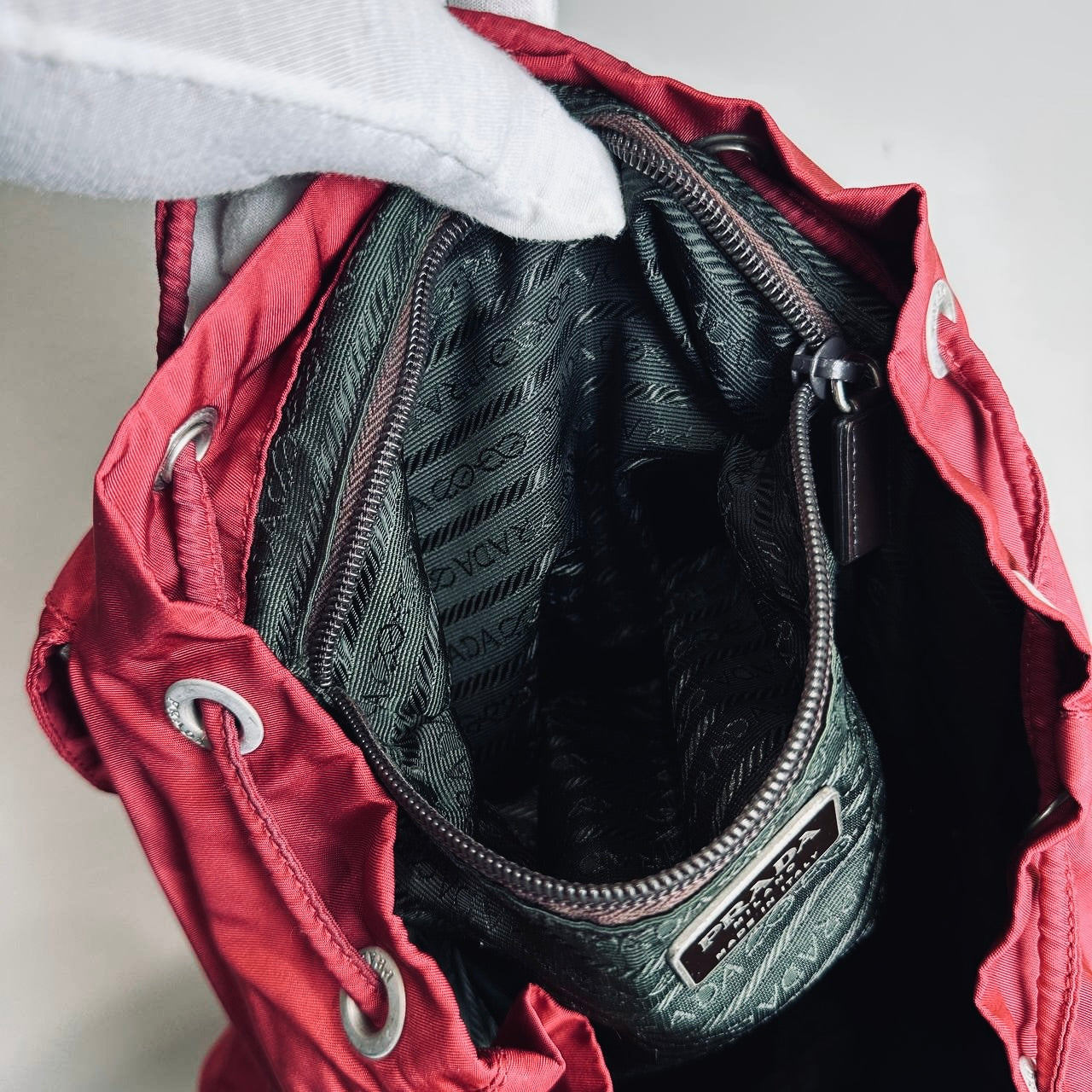 Prada Deep Red Tessuto Monogram Logo Nylon & Leather Flap Backpack Drawstring Bag