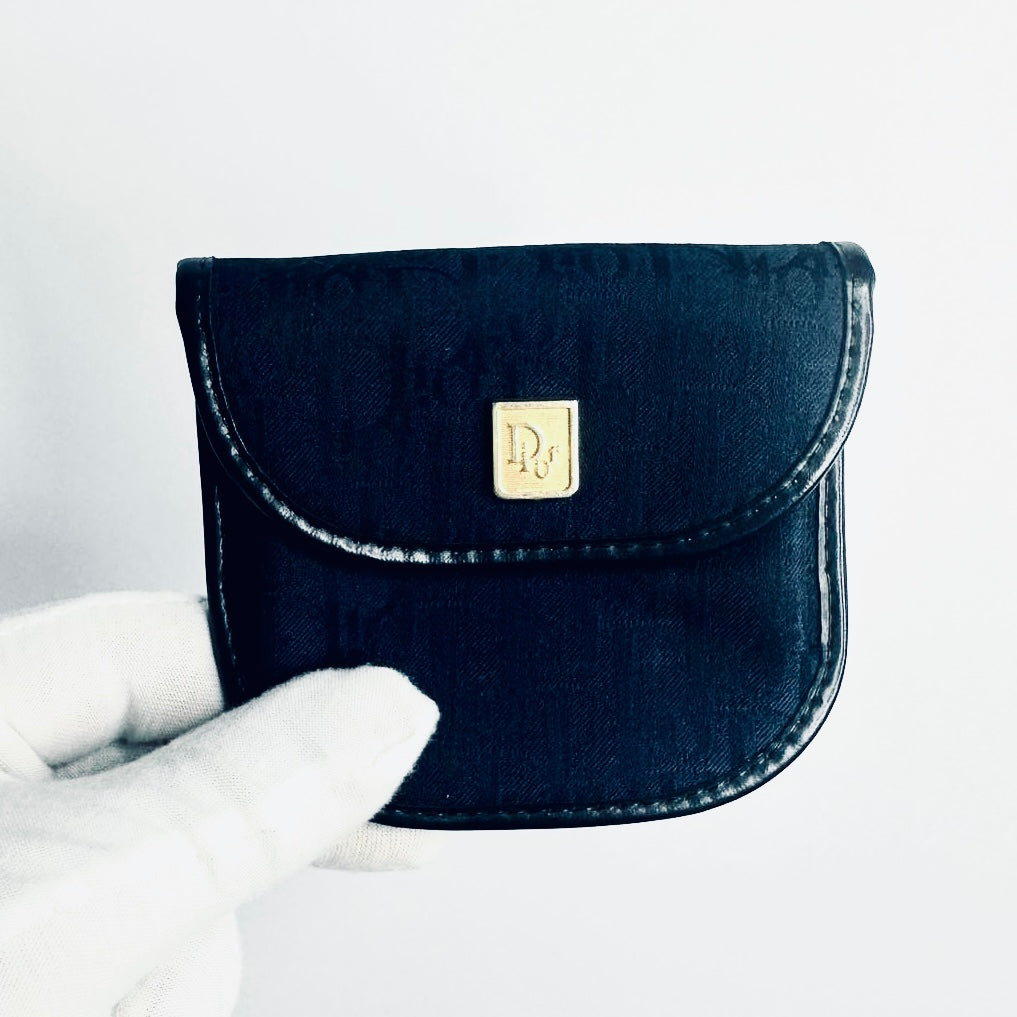 Christian Dior CD Navy Blue GHW Oblique Monogram Logo Flap Coin Pouch Case Wallet