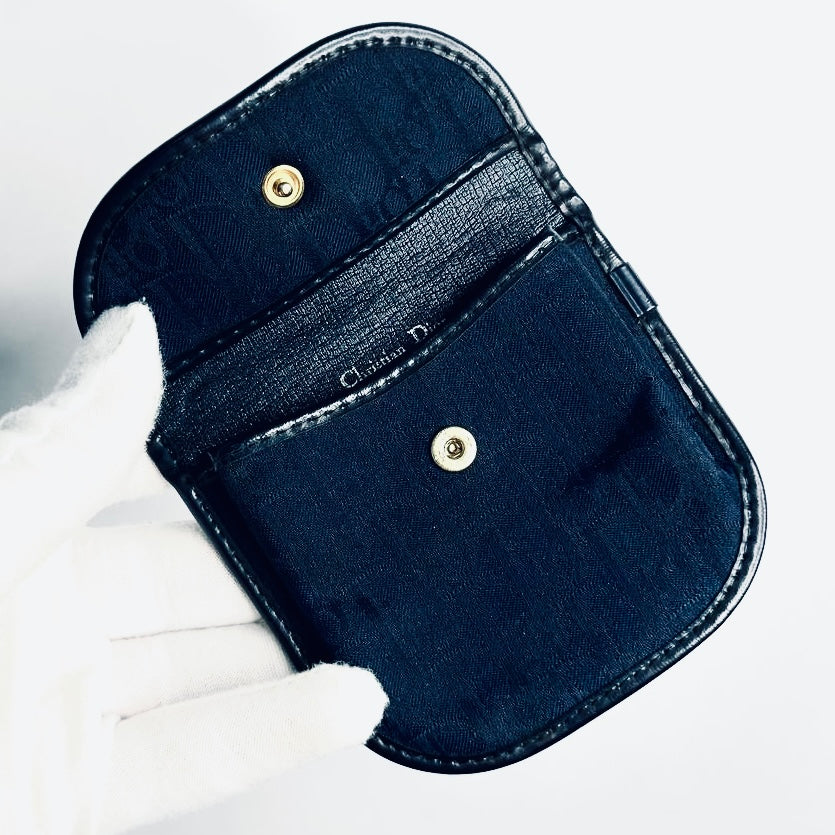 Christian Dior CD Navy Blue GHW Oblique Monogram Logo Flap Coin Pouch Case Wallet