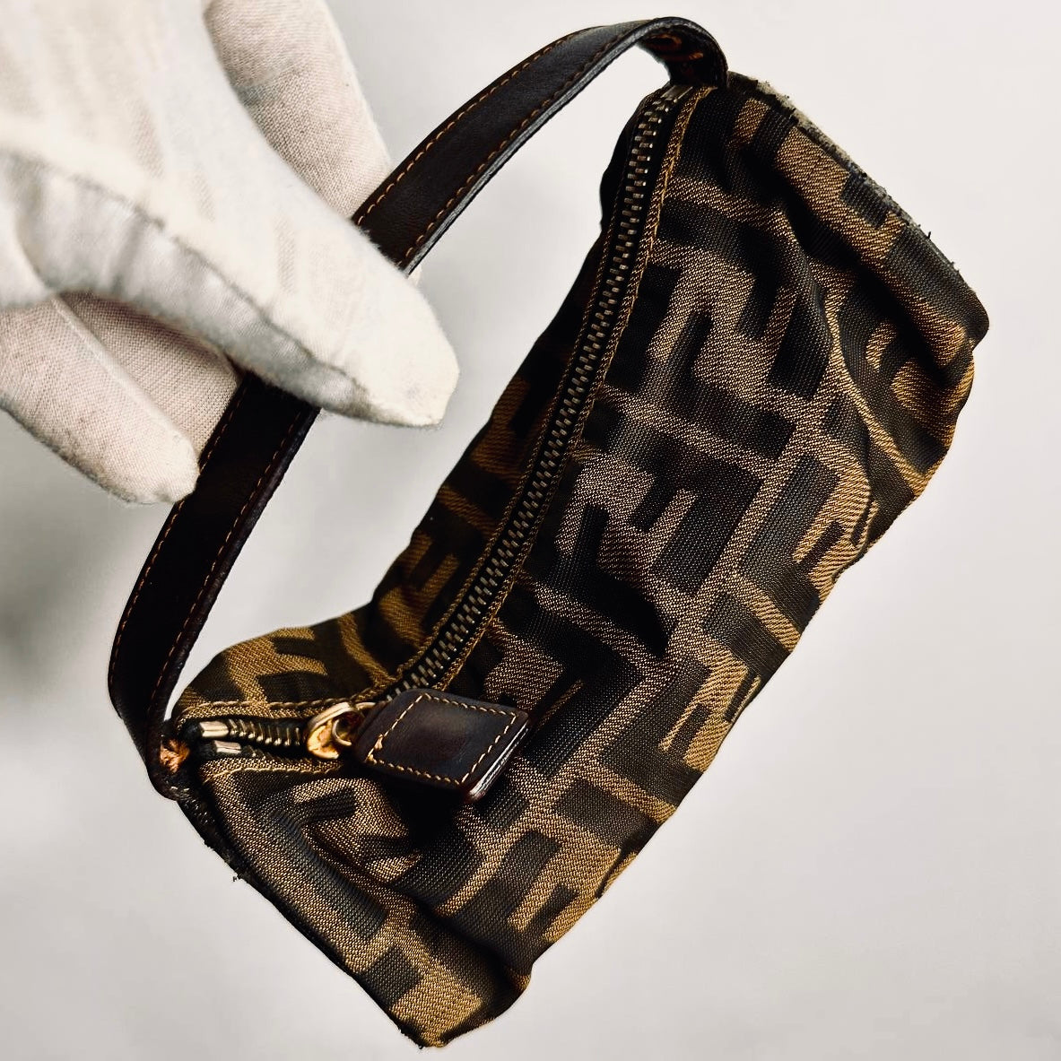 Fendi Zucca Roma Brown GHW FF Monogram Logo Roller Pochette Accessories Hobo Mini Bag