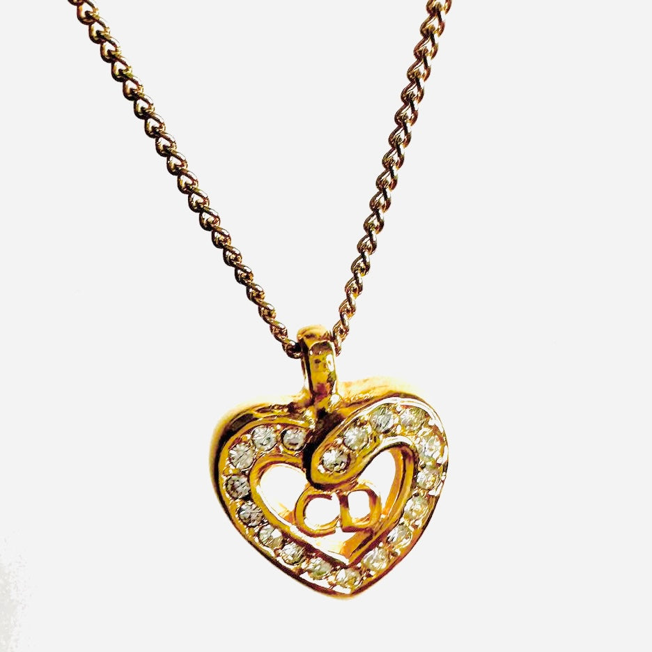 Christian Dior CD Giant Monogram Logo Gold Heart Pendant Necklace