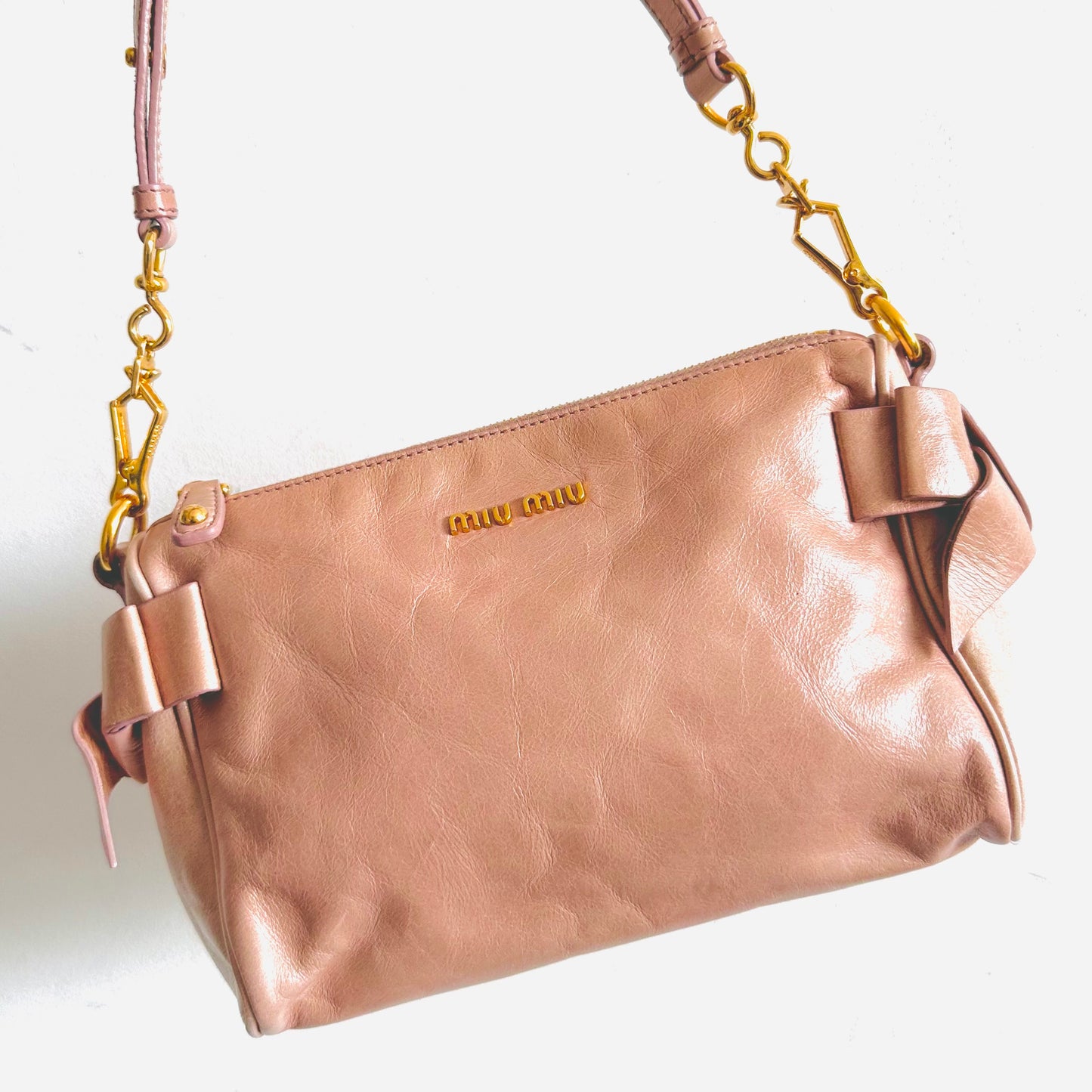 Miu Miu Blush Pink GHW Leather Classic Logo 2-Way Roller Hobo Shoulder Baguette Sling Bag