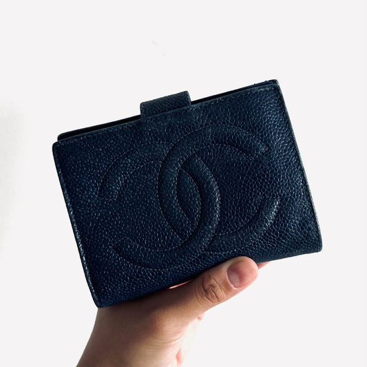 Chanel Navy Royal Blue GHW Caviar Leather Giant CC Logo Flap Vintage Bifold Compact Wallet 3s