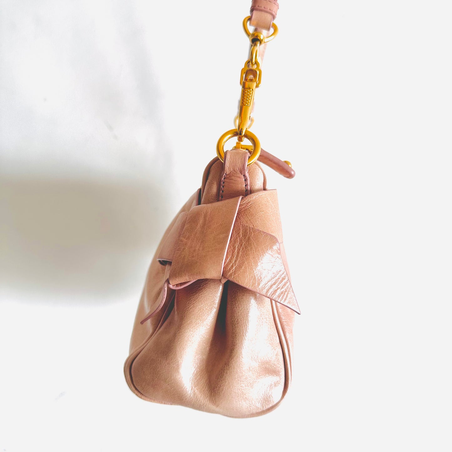 Miu Miu Blush Pink GHW Leather Classic Logo 2-Way Roller Hobo Shoulder Baguette Sling Bag