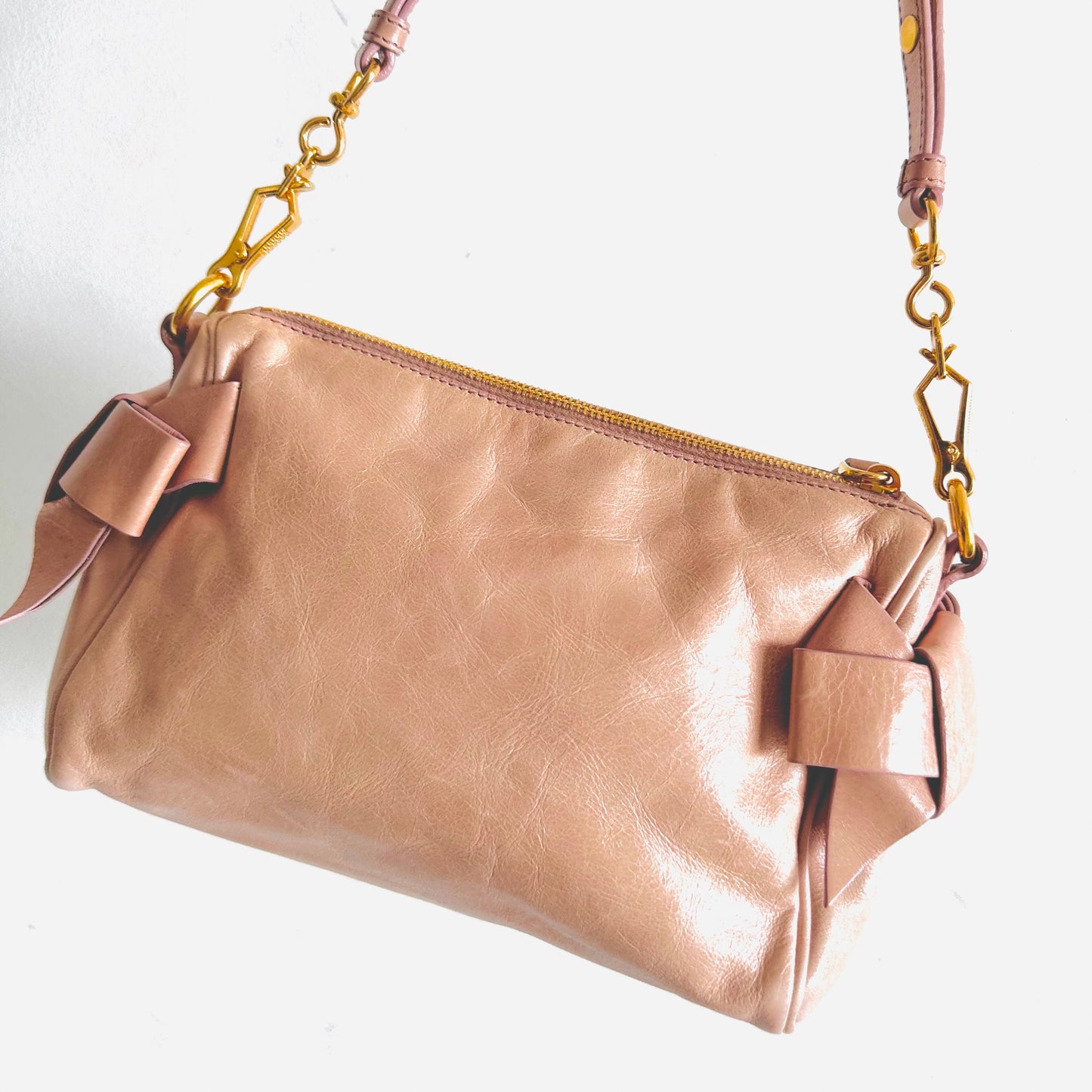 Miu Miu Blush Pink GHW Leather Classic Logo 2-Way Roller Hobo Shoulder Baguette Sling Bag