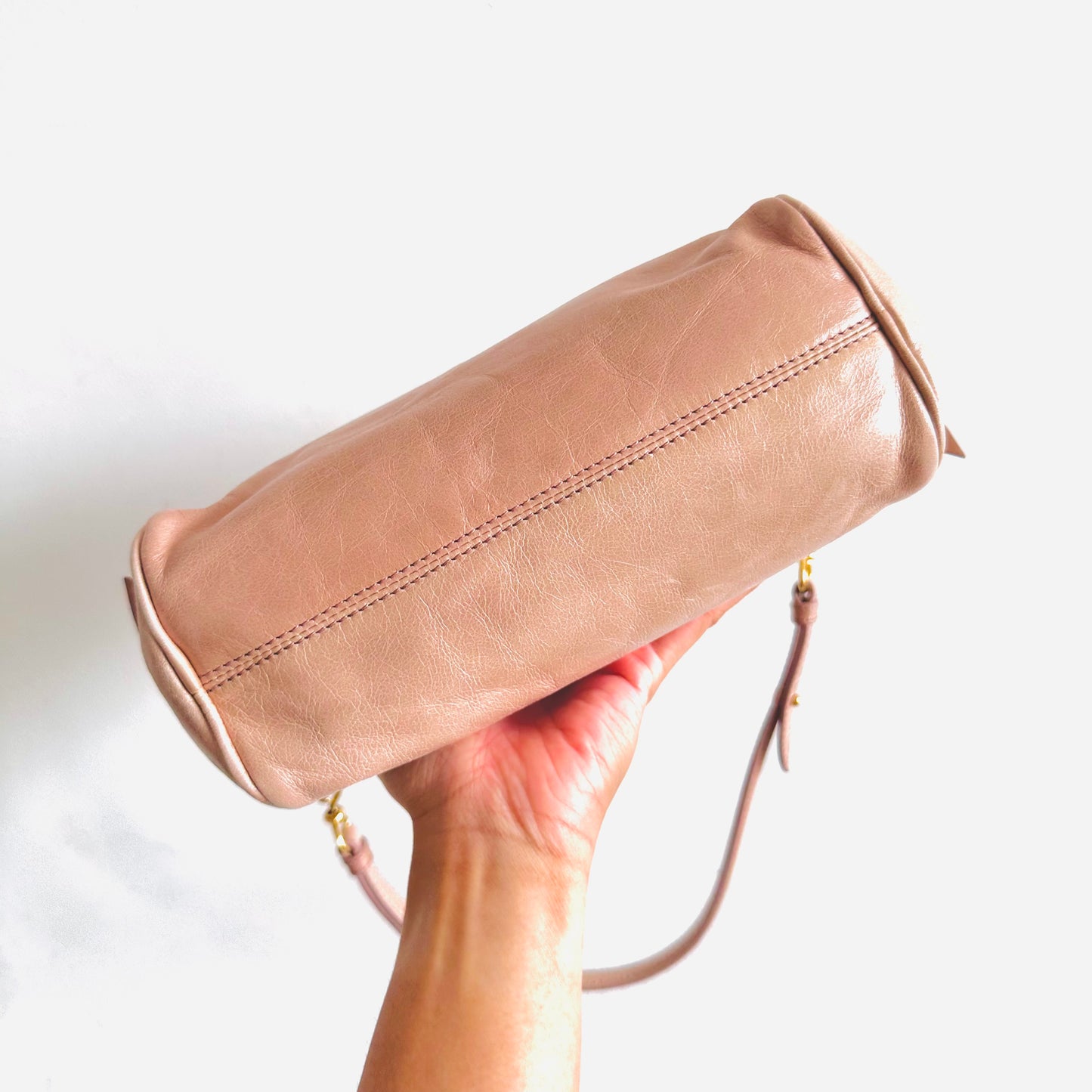 Miu Miu Blush Pink GHW Leather Classic Logo 2-Way Roller Hobo Shoulder Baguette Sling Bag