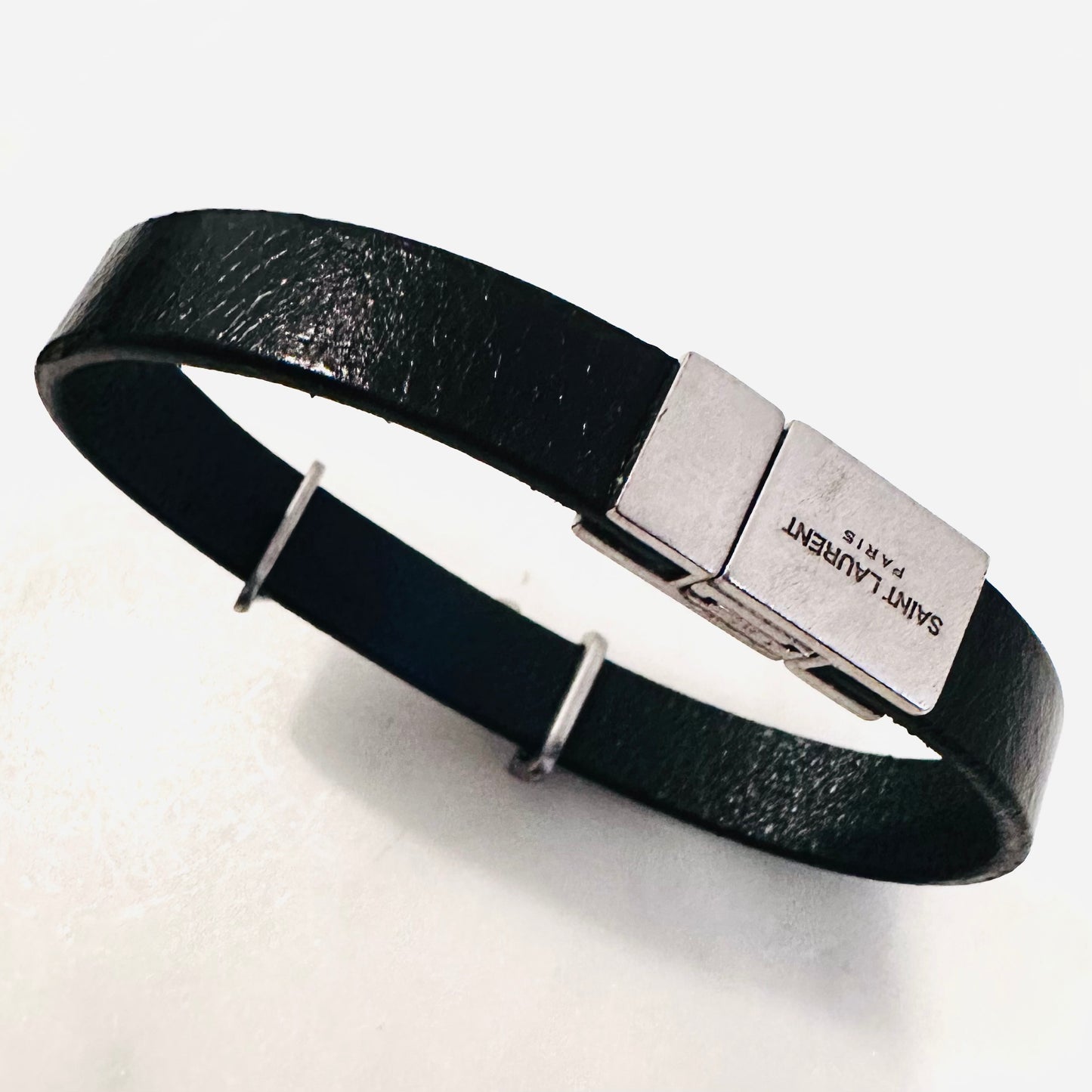 YSL Yves Saint Laurent Black Leather Monogram Logo Bracelet