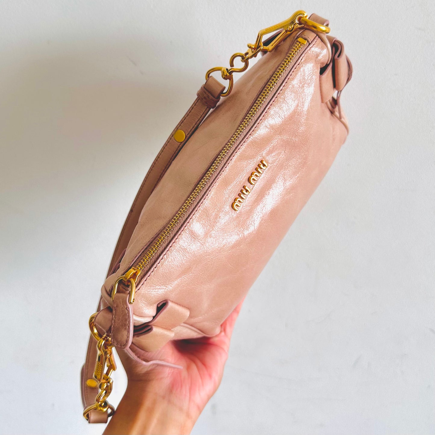 Miu Miu Blush Pink GHW Leather Classic Logo 2-Way Roller Hobo Shoulder Baguette Sling Bag