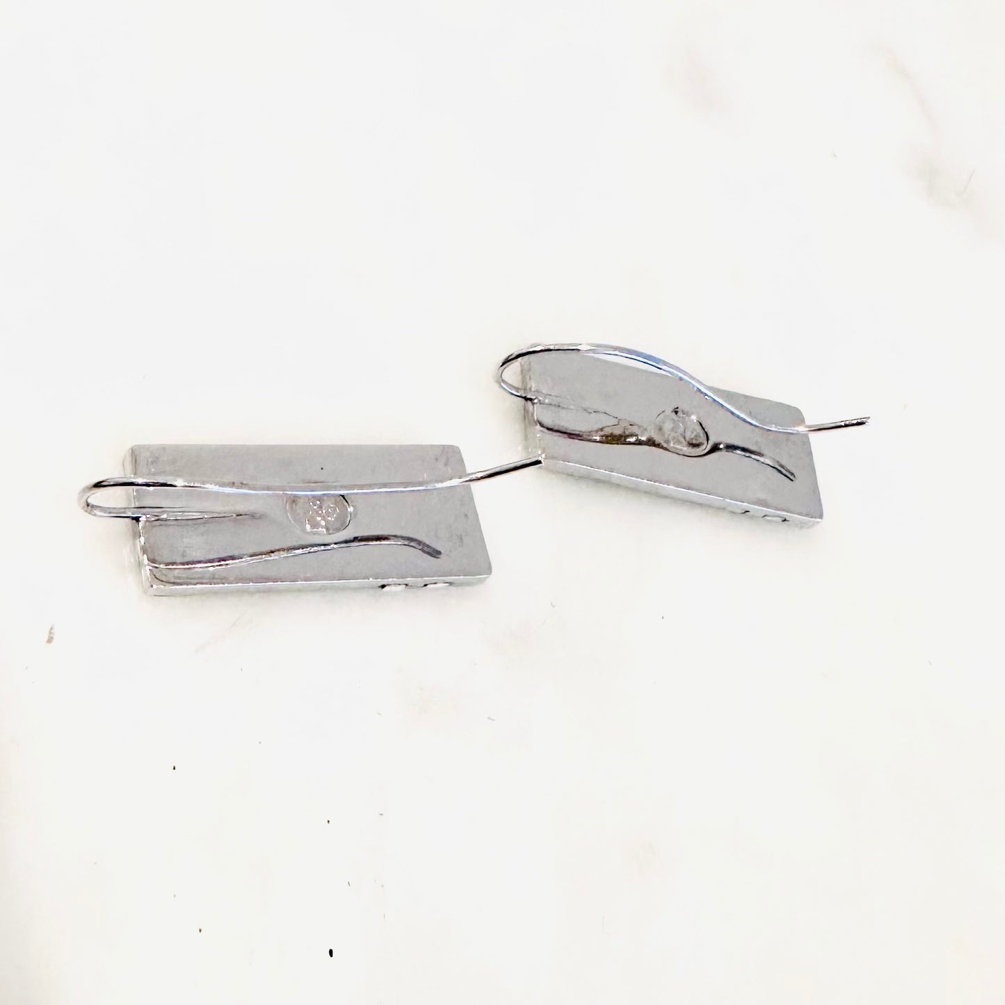 Christian Dior CD Blue Tablet Silver Monogram Logo Dangling Stud Earrings