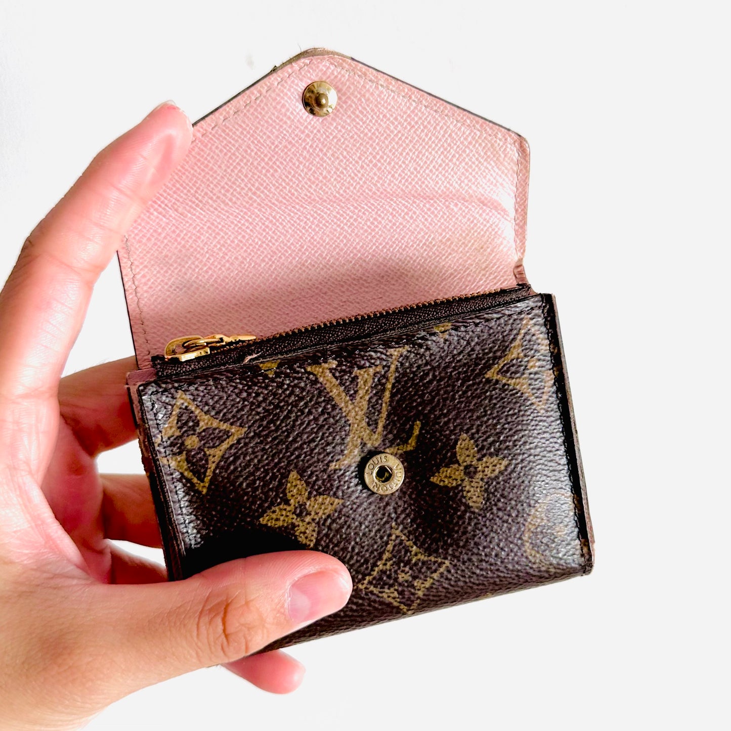 Louis Vuitton LV Zoe Monogram Logo & Rose Ballerine Pink Leather GHW Classic Logo Flap Compact Trifold Wallet