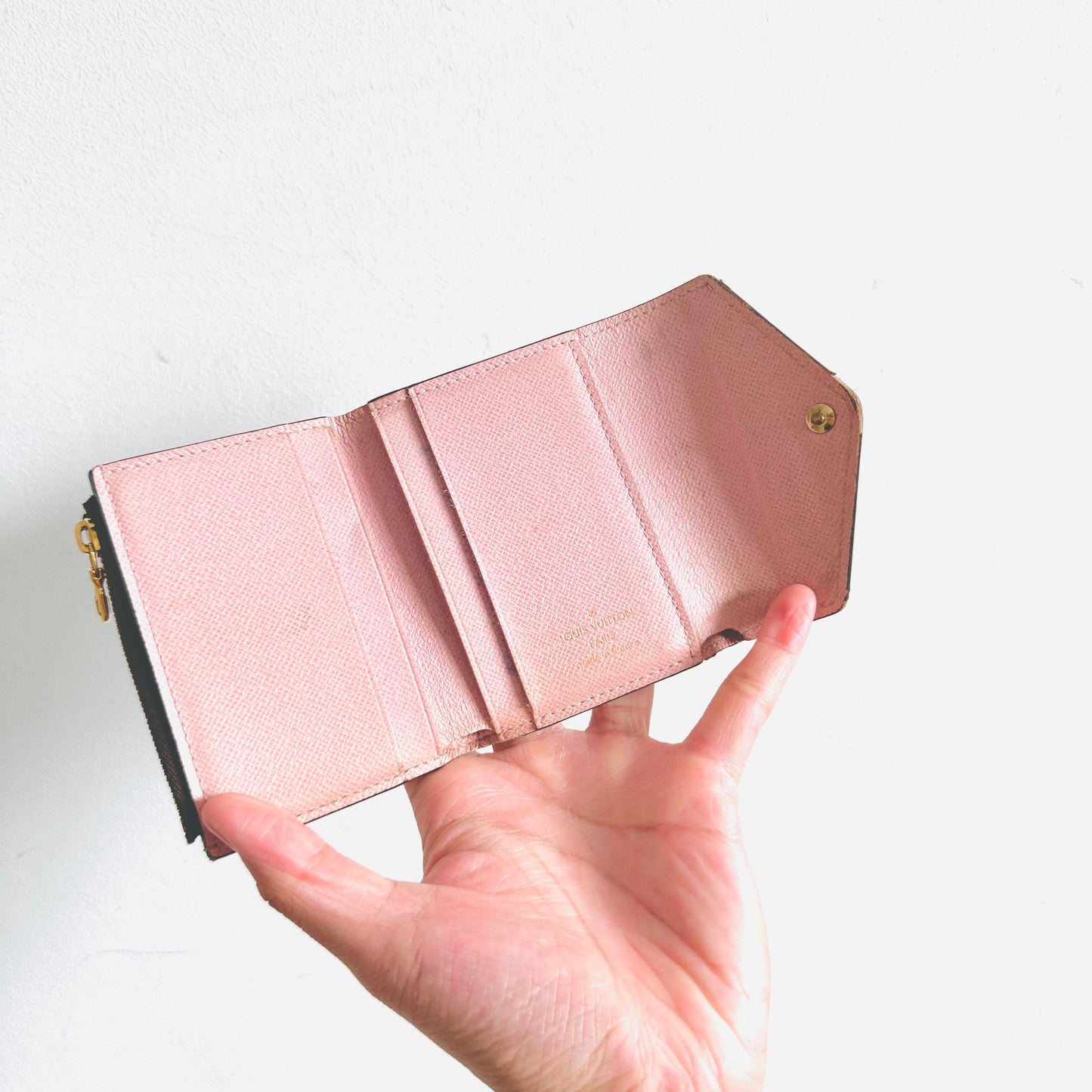 Louis Vuitton LV Zoe Monogram Logo & Rose Ballerine Pink Leather GHW Classic Logo Flap Compact Trifold Wallet