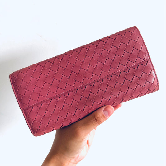 Bottega Veneta BV Mauve Rose Pink Continental Intrecciato Nappa Woven Leather Flap Bifold Long Wallet