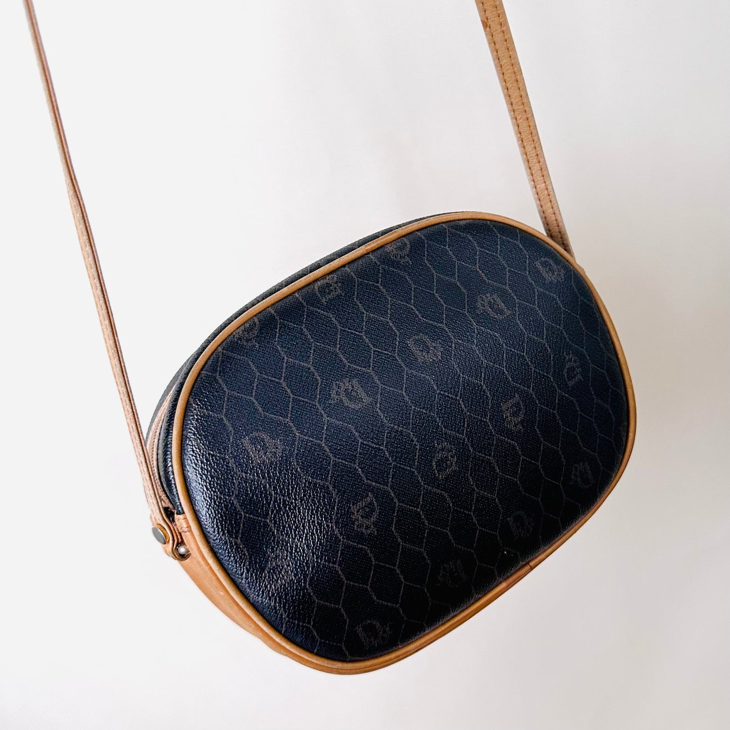 Christian Dior CD Black Honeycomb Oblique Monogram Logo Vintage Zip Shoulder Sling Bag