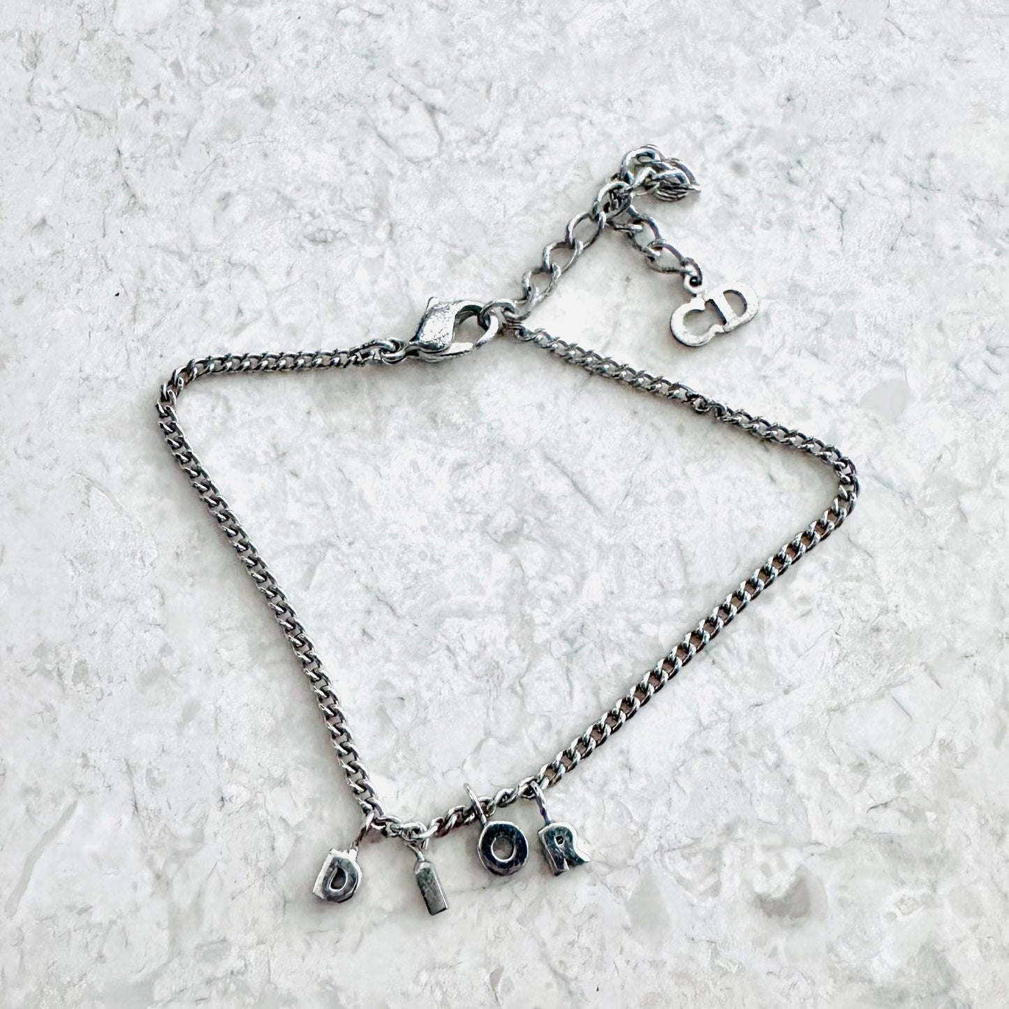 Christian Dior CD Monogram Logo Charms Signature Classic Silver Chain Bracelet